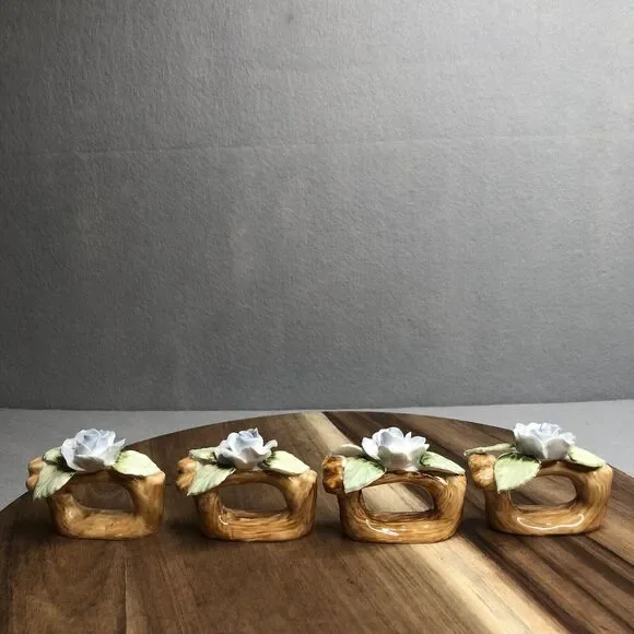 Set 4 Vintage Pia Bone China RPA Napkin Rings Holders Pale Blue Rose Flower 1985 - Picture 4 of 9